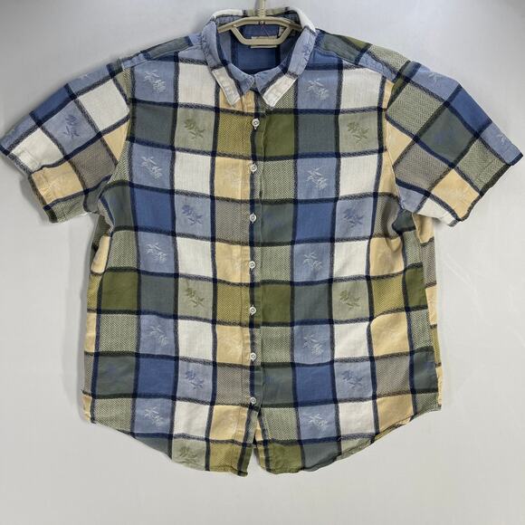Classic Elements Womens Top Plus 18W Blue Green Yellow Plaid 100% Cotton - Picture 2 of 6